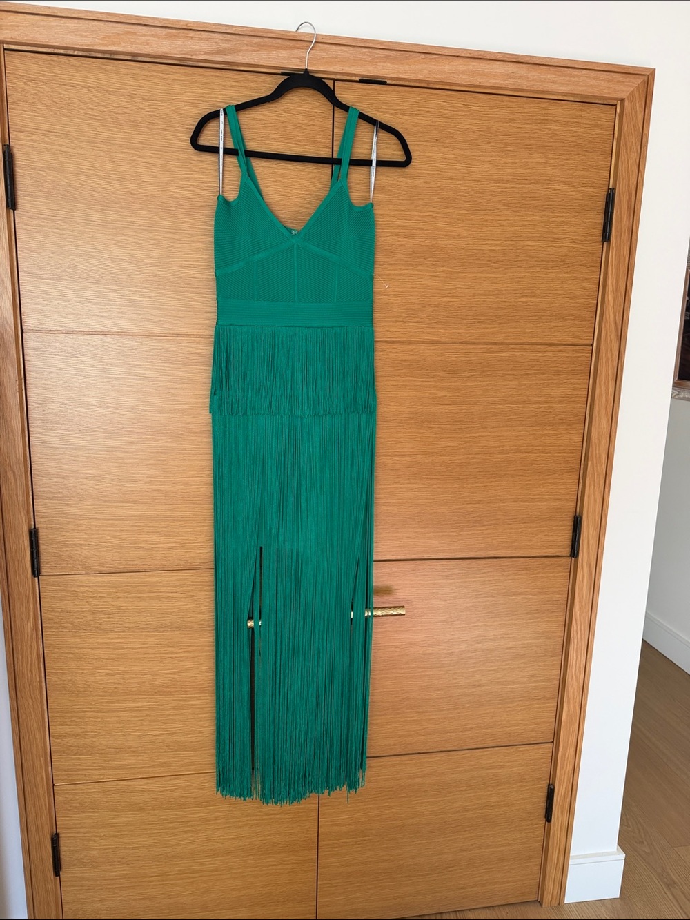 Herve Leger Emerald Green Fringe V-Neck Maxi Dress